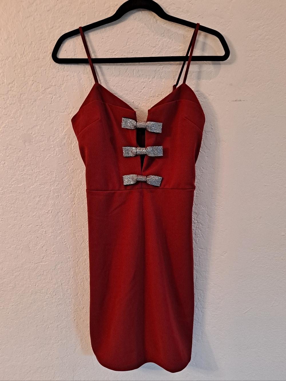 Arden B Red Spaghetti-Strap Cocktail Dress with Rhinestone Bows